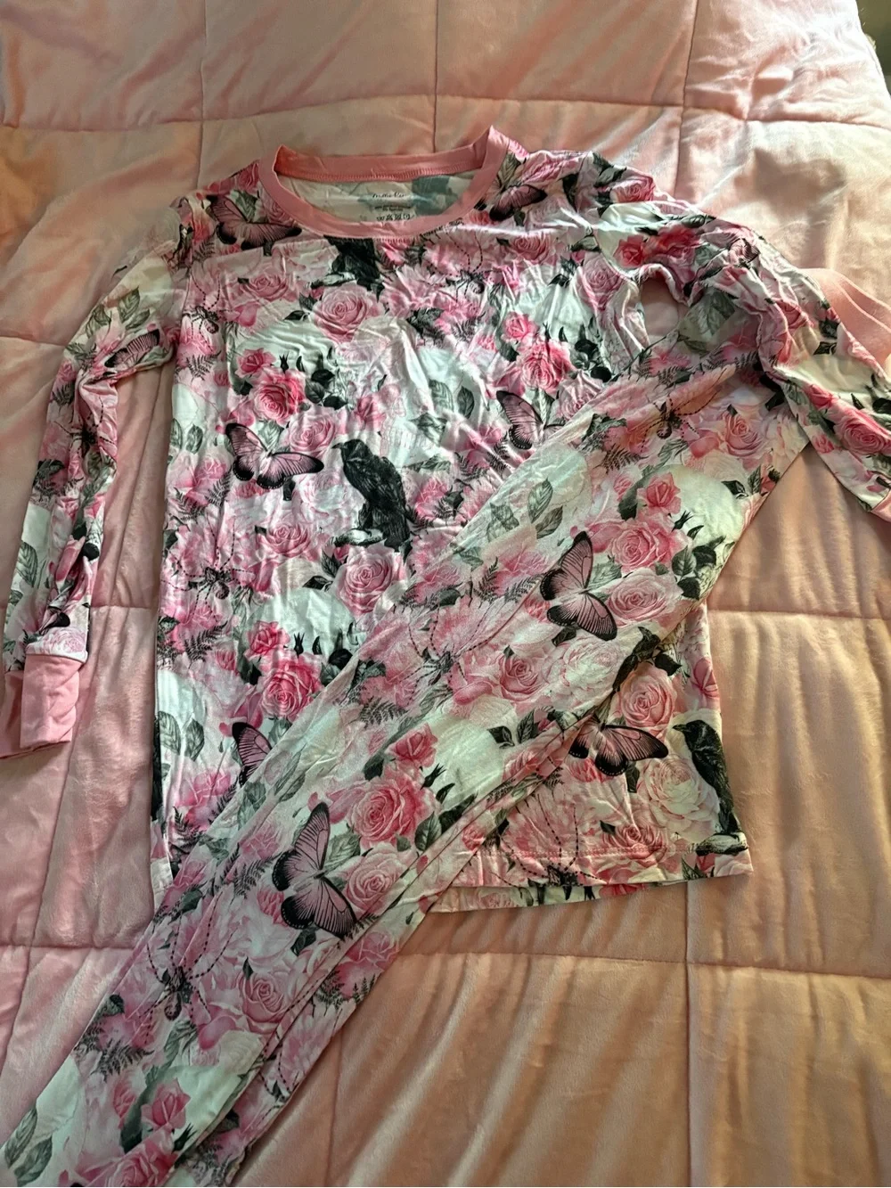 Girls Pink Floral & Butterfly Pajama Set - Cozy Long Sleeve Top & Pants
